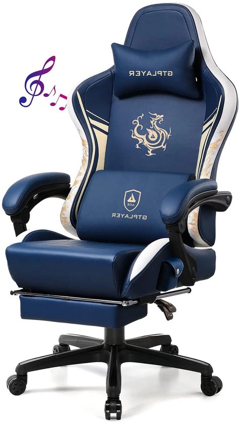 Bluetooth Gamingstoel – Gamestoel – Bureaustoel – Gaming Chair – Werkstoel – Bluetooth 5.1 Speakers – Verstelbare Rugleuning 150° – Uittrekbare Voetensteun – Kunstleer – Blauw