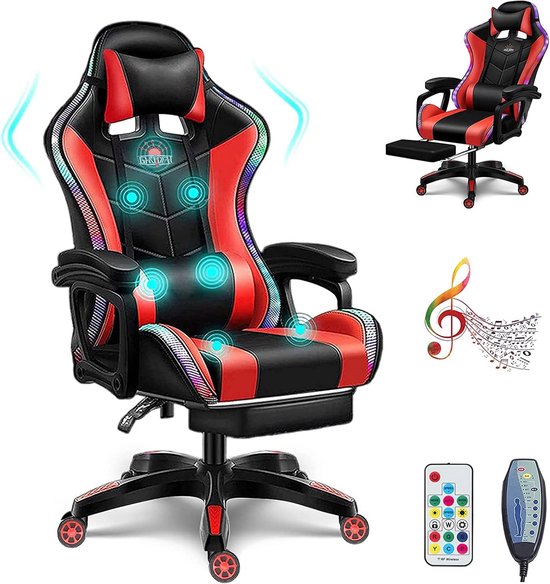 Bluetooth gamingstoel met luidsprekers, comfortabele LED lichtmassage Ergonomische videostoel met voetsteun PC stoelen - ShopVlot