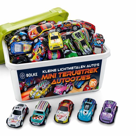 Bolke terugtrek autotjes - modelauto - miniatuur auto - kleine autotjes - traktatie uitdeelcadeautjes - 30 stuks van metaal - in mooie opbergdoos van Bolke