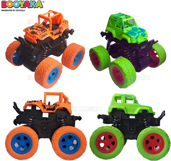 Booyaka® 2x Big wheel stuntauto Groen & Oranje – Monstertruck – Monster truck - Stunt auto’s – Off road – Buiten speelgoed - Speelgoed auto - Auto Speelgoed Jongens – Stoer – Racen - Springende auto – Race auto - 360º Flip van Booyaka®