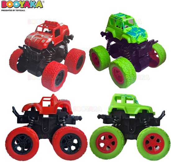 Booyaka® 2x Big wheel stuntauto Groen & Rood – Monstertruck – Monster truck - Stunt auto’s – Off road – Buiten speelgoed - Speelgoed auto - Auto Speelgoed Jongens – Stoer – Racen - Springende auto – Race auto - 360º Flip van Booyaka®