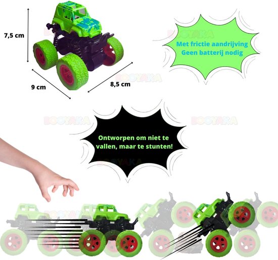 Booyaka® Big wheel stuntauto groen – Monstertruck – Monster truck - Stunt auto’s – Off road – Buiten speelgoed - Speelgoed auto - Auto Speelgoed Jongens – Stoer – Racen - Springende auto – Race auto - 360º Flip van Booyaka®