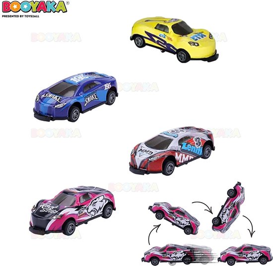Booyaka® Tipper stunt auto’s 4 stuks - Flipper auto – Pull back - Springende auto – Race auto - 360º Flip - Speelgoed auto - Auto Speelgoed Jongens – Stoer – Racen van Booyaka®