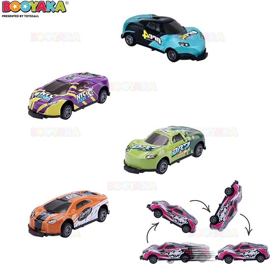 Booyaka® Tipper stunt auto’s 4 stuks - Flipper auto – Pull back - Stunt auto - Flip - Springende auto – Race auto - 360º Flip - Speelgoed auto - Auto Speelgoed Jongens – Stoer – Racen van Booyaka®