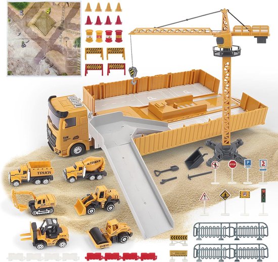 Bouw Truck Set met 6 Voertuigen - Bulldozer, Tractor, Vorkheftruck, Mixer, Graafmachine, Kraan - Speelgoed voor Kinderen van Playfun