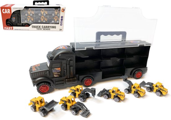 Bouw vrachtwagen transporter truck - speelgoed mini werkvoertuigen - transporter 6-delig set koffer - Oplegger - 34cm van Raviour 