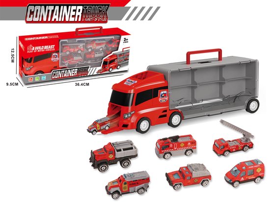 Brandweer vrachtwagen set - transporter - 6-delig koffer set - Container Truck - 36.4 cm van Speelgoedwereld