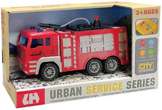 Brandweerwagen met lichtjes en geluid + Water sproeislang - City service brandweerauto (21cm) van Merkloos
