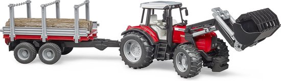 Bruder 02046 Massey Ferguson 7480 Tractor met Voorlader en Houttransportaanhanger + 3 Boomstammen - Speelgoed voor Kinderen vanaf 4 Jaar van BRUDER