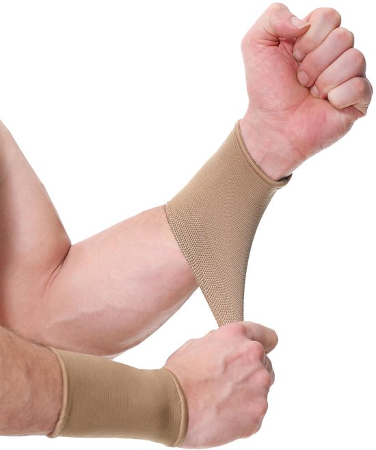 Care - Elastische polsband - ondersteunende elastische band, elastisch en ademend, gebreide stof, compressiebrace, voor tennis, fitness, sport, tendinitis (Beige, 1 Paar, Maat M)