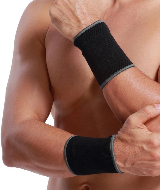Care - Elastische polsband - ondersteunende elastische band, elastisch en ademend, gebreide stof, compressiebrace, voor tennis, fitness, sport, tendinitis (Zwart, 1 Paar, Maat L)