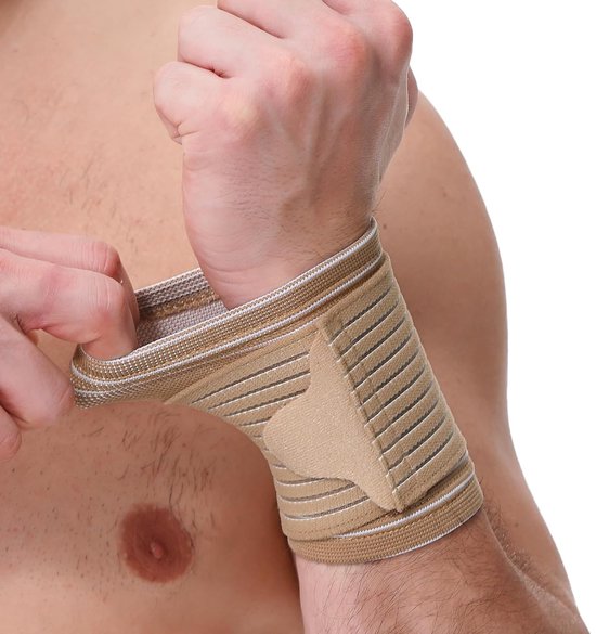 Care - Polsband - verstelbare compressieband - elastische en ademende stof, ondersteunende brace voor tennis, sport, oefeningen - mannen, vrouwen (Beige, 1 Stuk, Maat M)