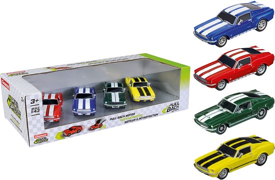 Carrera Speelgoedvoertuig Auto - Pull and Speed - Ford Mustang '67 - Pull Back Auto - Terugtrekauto - 1:43 - 4 Stuks van Merkloos