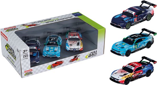 Carrera Speelgoedvoertuig Auto - Pull and Speed - Ford Mustang GT3 - Pull-Back Auto - Terugtrekauto - 1:43 - 3 Stuks van Merkloos