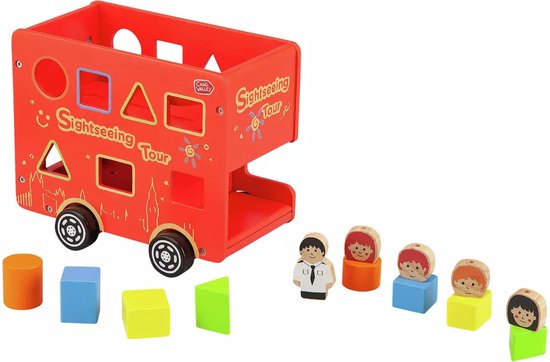 Chad Valley Houten bus vier passagiers en vier vormblokken van Chad Valley