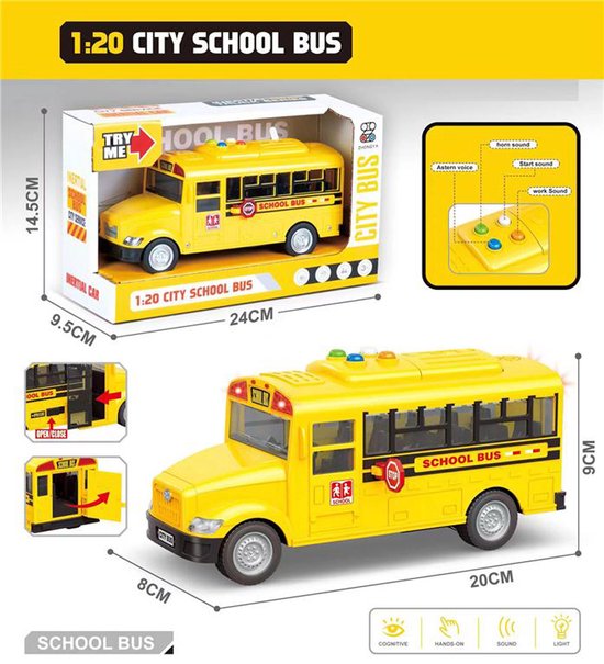 City Bus - Schoolbus - met licht en geluid - frictie speelgoed busje - met openslaande deuren- 20CM van Speelgoedman.nl