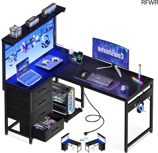 Coleshome Gamingbureau met led, omkeerbare gamingtafel met laden en stopcontacten, hoekbureau met opbergruimte (zwart, 110 x 80 cm)