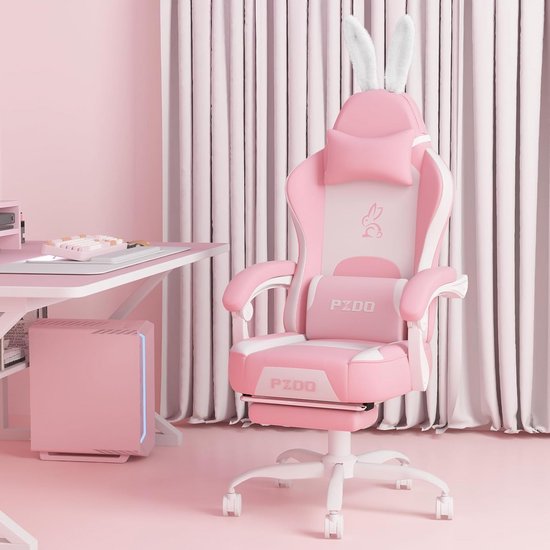 Comfortabele Gaming Stoel met Voetensteun - Roze Wit - Ergonomische Zithouding & Ergonomische Rugsteun van Merkloos