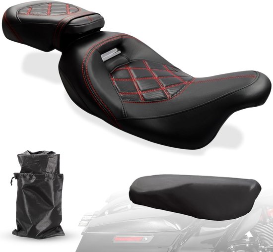 Comfortabele Two-Up Rider en Passagiersstoel voor Harley Touring 2009-2023 met Rode Stiksels, Geschikt voor Road King, CVO, Street Glide en Electra Glide