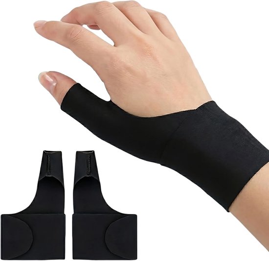 Compressiebandage voor artritis en peesontsteking, 2 stuks, elastische duimspalk voor carpaal tunnel en pijnverlichting, ademend voor mannen en vrouwen, links en rechts (zwart)