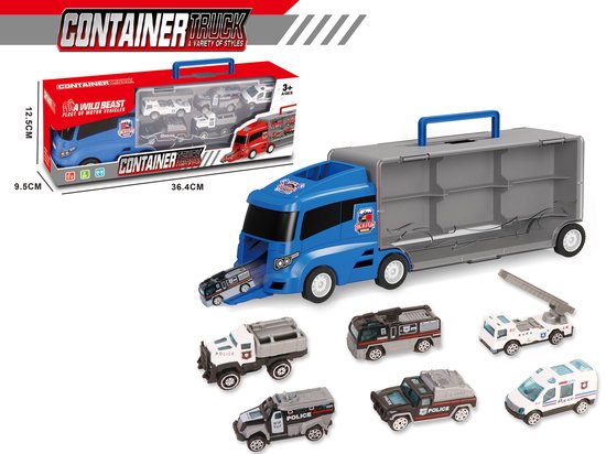 Container Truck - Politie vrachtwagen transporter - 6-delig koffer set - 36.4 cm van Speelgoedman