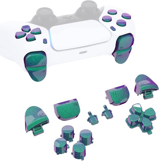 Controller Knoppen Set - Vervangende Knoppen Reparatiekit - Controller Personaliseren - Unieke Kleurencombinatie - Voor PS5 BDM-010/020 - Kameleon Groen Paars