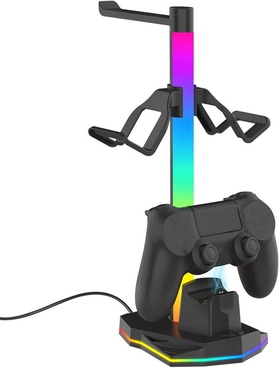 Controller Standaard - Oplaaddock Koptelefoon - Bureau Organisatie - Geïntegreerde RGB-verlichting - 2 Controllers 1 Koptelefoon - Zwart