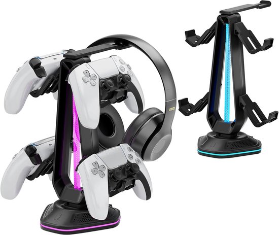 Controllerhouder Hoofdtelefoonstandaard - Gaming Accessoire - Bureau Organisatie - 9 RGB Lichtmodi - 4 Controllers 1 Headset - Zwart