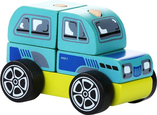 Cubika houten sorteerfiguur auto offroader blauw/rood van Cubika