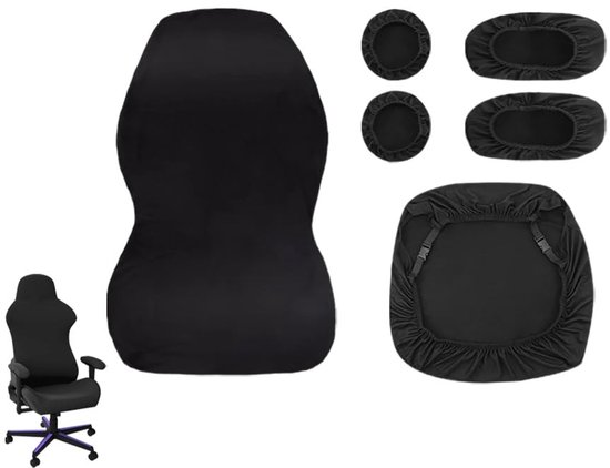 Dailygoods - Gamingstoelhoes, 6 stuks, gamingstoelhoezen, zwart met armleuningen, rekbaar, afneembaar, wasbaar, afneembaar, voor computerstoel, gamingstoel