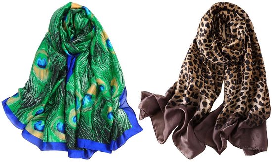 Dailygoods- Sjaal met retro pauwen- en luipaardpatroon - 2-delige set - Lichte sjaal - Zonwering - Decoratieve sjaal - Imitatiezijde/polyestervezel - 90 x 180 cm - Damesaccessoire