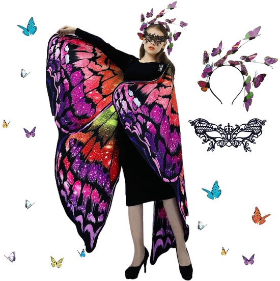 Dailygoods - Vlindervleugelkostuum, damesvleugelkostuum, sjaal, cape vlindervleugels, kostuum vlinder, sjaal voor volwassenen, vlinderkostuum, cape vlinders, sjaal, voor carnaval, party, cosplay, Halloween