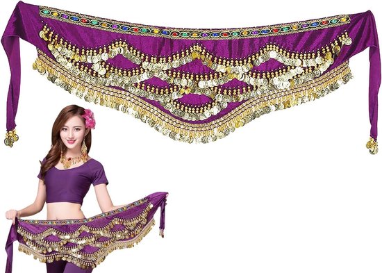 Dames - Dans Hippe Sjaal Wikkelrok - Buikdansen - Heupsjaal Tailleriem - Munt Kwastje - Kunstmatige Munt - Paars - Geschikt voor Buikdansen - Dansen Hippe Sjaal Wikkelrok met Munt Kwastje van Merkloos