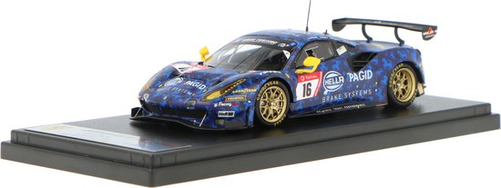 De 1:43 Diecast Modelcar van de Ferrari 488 GT3 Hella Pagid Racing One #16 van de 24H Nurburgring 2020. De coureurs waren C. Kohlhaas / N. Rogivue / S. Kohler en J. Szymkowiak. De fabrikant is Looksmart. van Looksmart