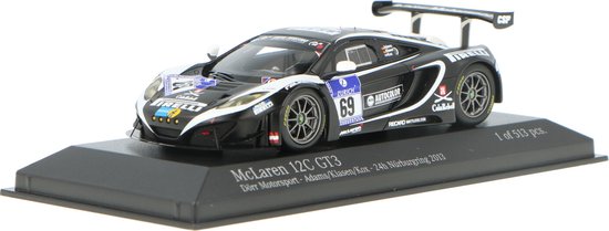 De 1:43 Diecast Modelcar van de McLaren MP4-12C GT3, Dorr Motorsport #69 van de 24H Spa 2013. De coureurs waren Adams / Kentenich / Klasen / Tenchini en Kox . Dit schaalmodel is beperkt tot 513 stuks. De fabrikant is Minichamps.Dit model is alleen on van Minichamps
