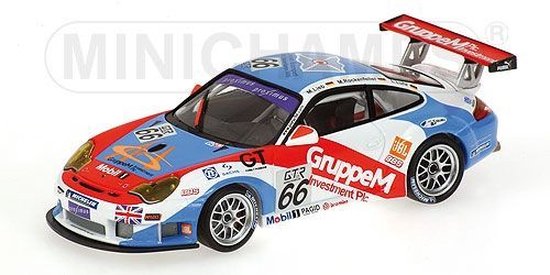 De 1:43 Diecast Modelcar van de Porsche 911 GT3 RS , Team Gruppe M Racing # 66 Klasse Winnaar van de 24H Spa 2005.De coureurs waren Lieb / Rockenfeller en Luhr.De fabrikant van het schaalmodel is Minichamps.Dit model is alleen online beschikbaar van Minichamps