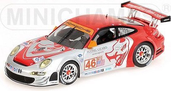 De 1:43 Diecast Modelcar van de Porsche 911 GT3 RSR , Flying Lizard Motorsport #46 van de 12H Sebring 2008.De rijders waren Van Overbeek / Pilet en Lietz.This scalemodel is beperkt met 528pcs. De fabrikant is Minichamps.Dit model is alleen online bes van Minichamps