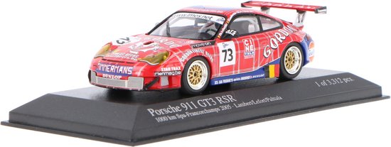 De 1:43 Diecast Modelcar van de Porsche 911 GT3 RSR Gordon Team #73 van de 1000km Francorchamps 2005.De rijders waren Lambert/Lefort en Palttala.. Dit schaalmodel is beperkt tot 3312 stuks. De fabrikant is Minichamps. van Minichamps