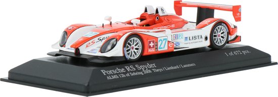 De 1:43 Diecast Modelcar van de Porsche RS Spyder, Horag Racing #27 van de 12H Sebring 2008.De rijders waren Lienhard / Theys en Lammers.This scalemodel is beperkt door 672pcs. De fabrikant is Minichamps.Dit model is alleen online beschikbaar van Minichamps