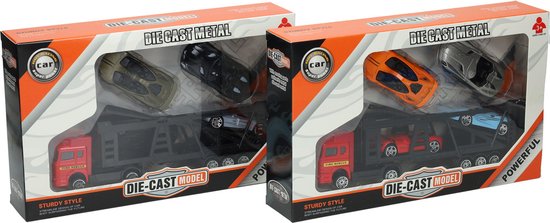 Die-cast Transporter met 4 metalen auto's van Toi-Toys.