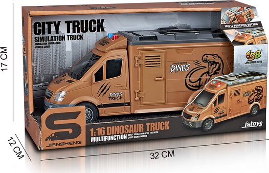 Dinosaur Transport vrachtwagen - 26CM - Dinosaurus figuren in speelgoed Truck - frictie motor -Licht en geluid van Green Dragon Toys