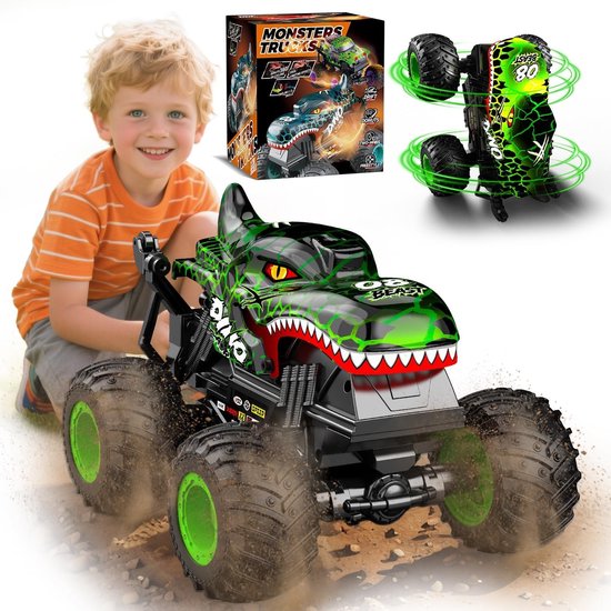Dinosaurus Monstertruck - Op afstand bestuurbare auto voor kinderen - Schaal 1:20 - 360° draaiende stuntdrift - 2.4G terreinwagen met 4WD - LED-verlichting en muziek - Groen van Merkloos