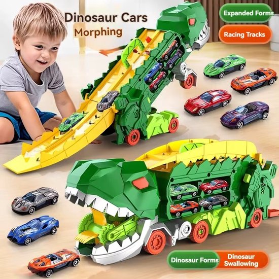 Dinosaurus Transportauto met 6 Auto’s – 2-in-1 Racebaan en Speeltruck – Dinosaurus Auto Speelgoed voor Kinderen – 1:64 Formaat van Merkloos