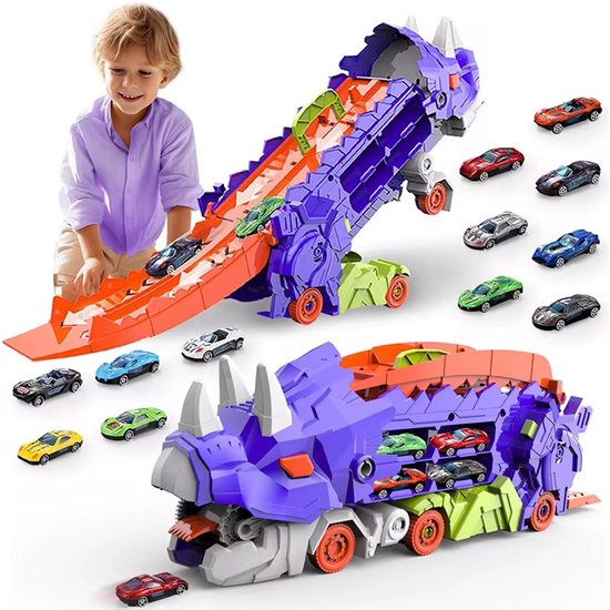 Dinosaurus Transporttruck - 2-in-1 Dino Racebaan met 6 Auto’s - Speelgoed Auto Set voor Kinderen - Flip & Launch Actie - Schaal 1:64 van Merkloos