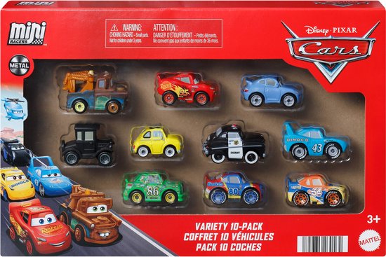 Disney en Pixar Cars Mini Racers 10-pack, set van 10 speelgoedvoertuigen uit de film (stijl kan variëren) van Disney