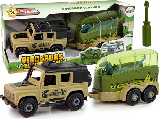 DIY Speelgoed Off road terreinwagen met trailer en dinosaurus - Trailer is los te koppelen - Vanaf 3 jaar - Speelgoedwagen van Speelgoedman.nl