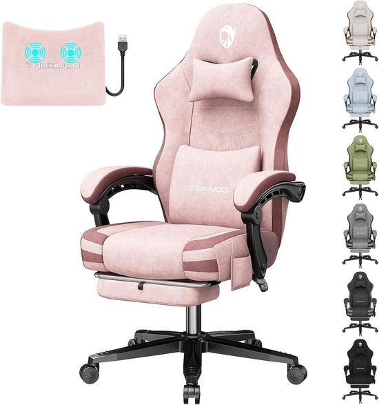 Douxlife Gamingstoel, stof met massage, verbreed zitkussen met pocketveren, ergonomische bureaustoel, pc-gamerstoel met voetensteun en metalen poten, 158 kg belastbaarheid, roze van Merkloos