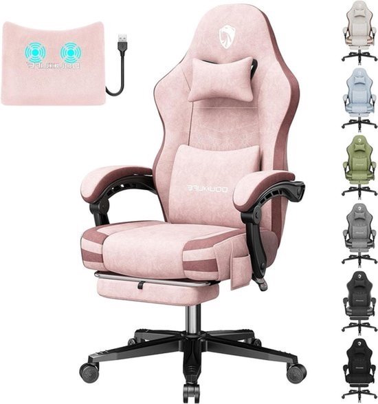 Douxlife Gamingstoel, stoffen bekleding en massage, verbreed zitkussen met pocketveren, ergonomische bureaustoel, pc-gamerstoel met voetensteun en metalen poten, 158 kg belastbaarheid, roze