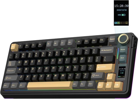 Draadloos Gaming Toetsenbord met Scherm en Knoppen, 5000mAh, Hot-Swap, RGB Verlichting, PBT, 75% Mechanisch Toetsenbord met Reaper Switch (Zwart)