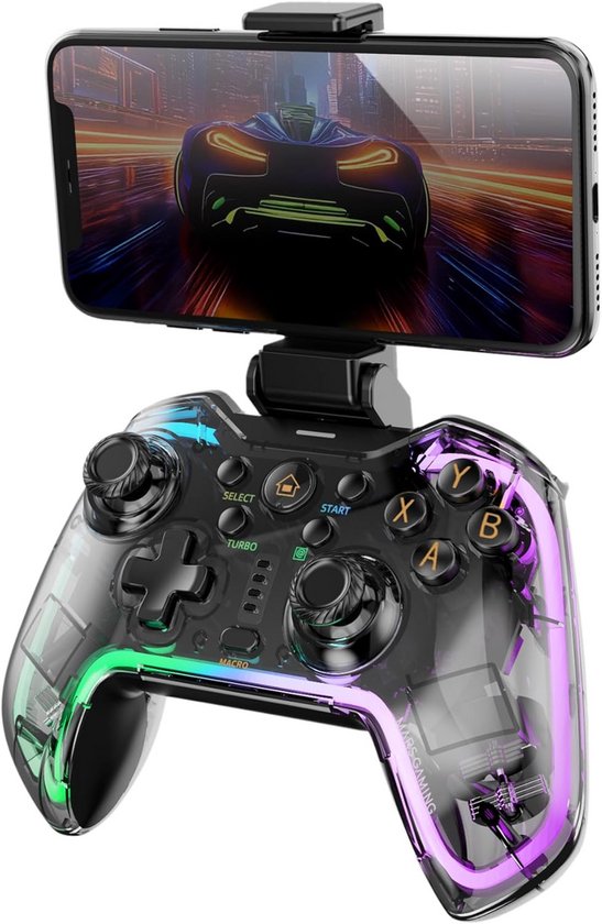 Draadloze Bluetooth Gamepad met RGB Neon, Haptische Vibratie en Smartphone Adapter - Geschikt voor Switch, PC, Android & iOS van Merkloos